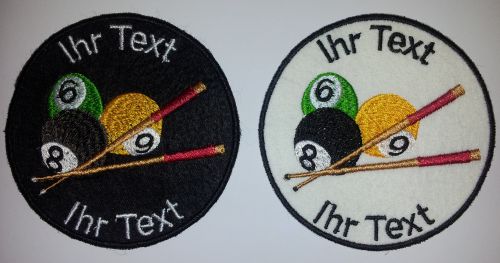 Logo Billard m Queue Billardkugel Wunschtext Aufnäher Patch 10 cm (71) weiß
